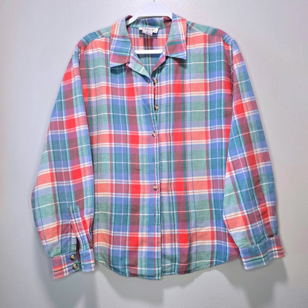 Talbots‎ Petites Vintage Plaid Linen Cotton Button Down Shirt Multicolor PM